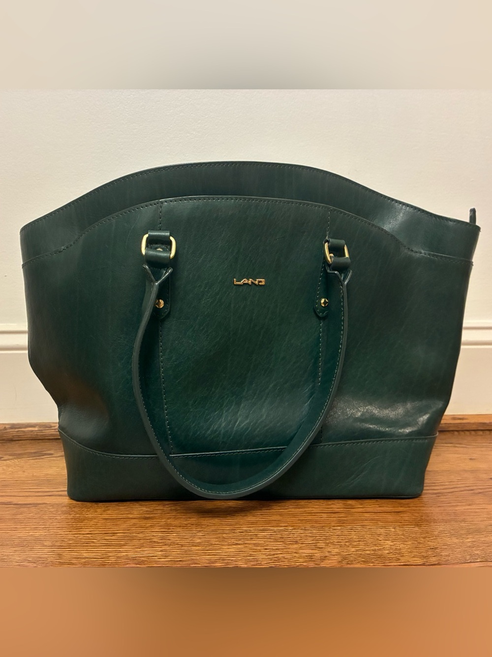 LAND “St. Bart Tote” Dark Green Leather Shoulder Tote Bag with Gold Accents
